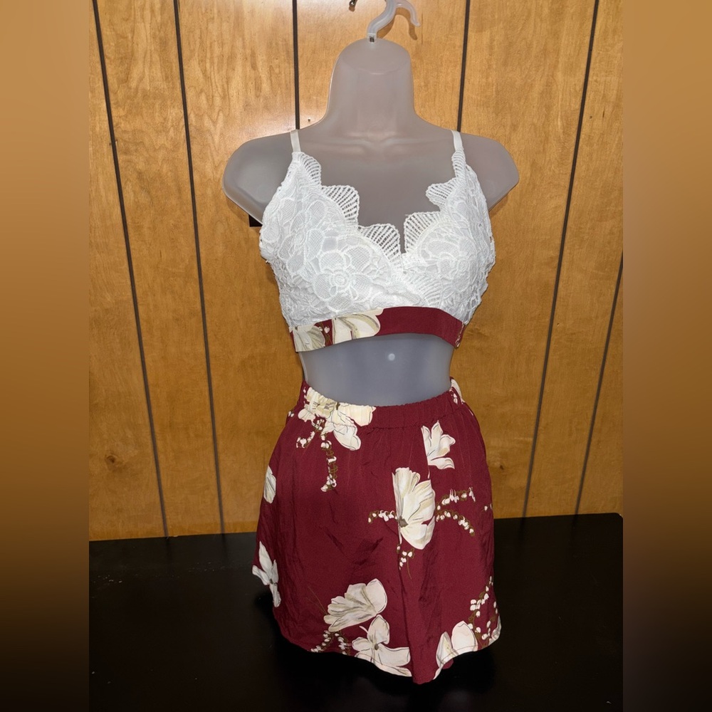 SHEIN White Lace Crop Top with Burgundy Floral Skirt Set